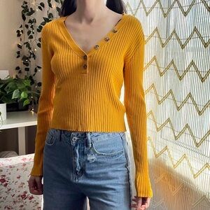 HM Yellow Ribbed Button V Neck Longsleeve / Sweater